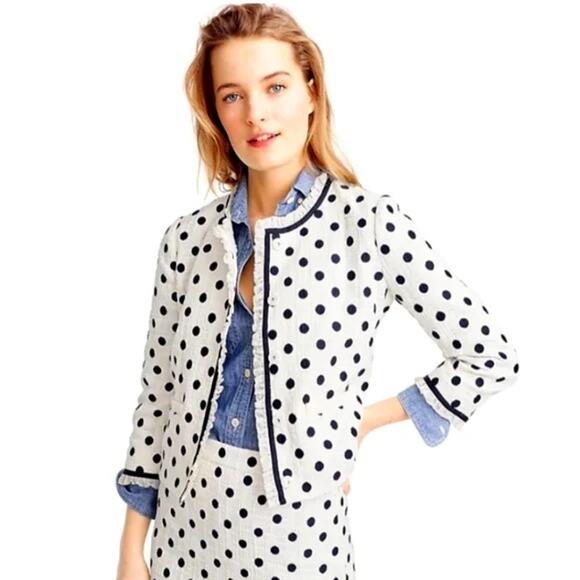 J. CREW Jacket in Polka Dot Textured Tweed Blazer Size 0 White Navy - Picture 1 of 16